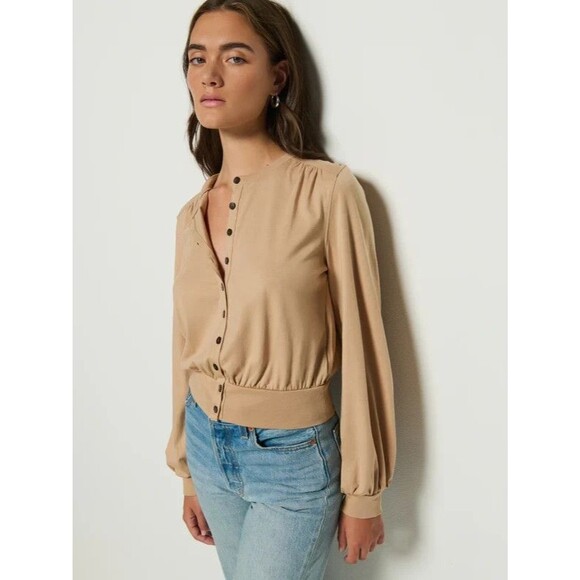 Nation Los Angeles Top Womens Small Tan Button Front Cardigan Pima Cotton - Picture 2 of 9